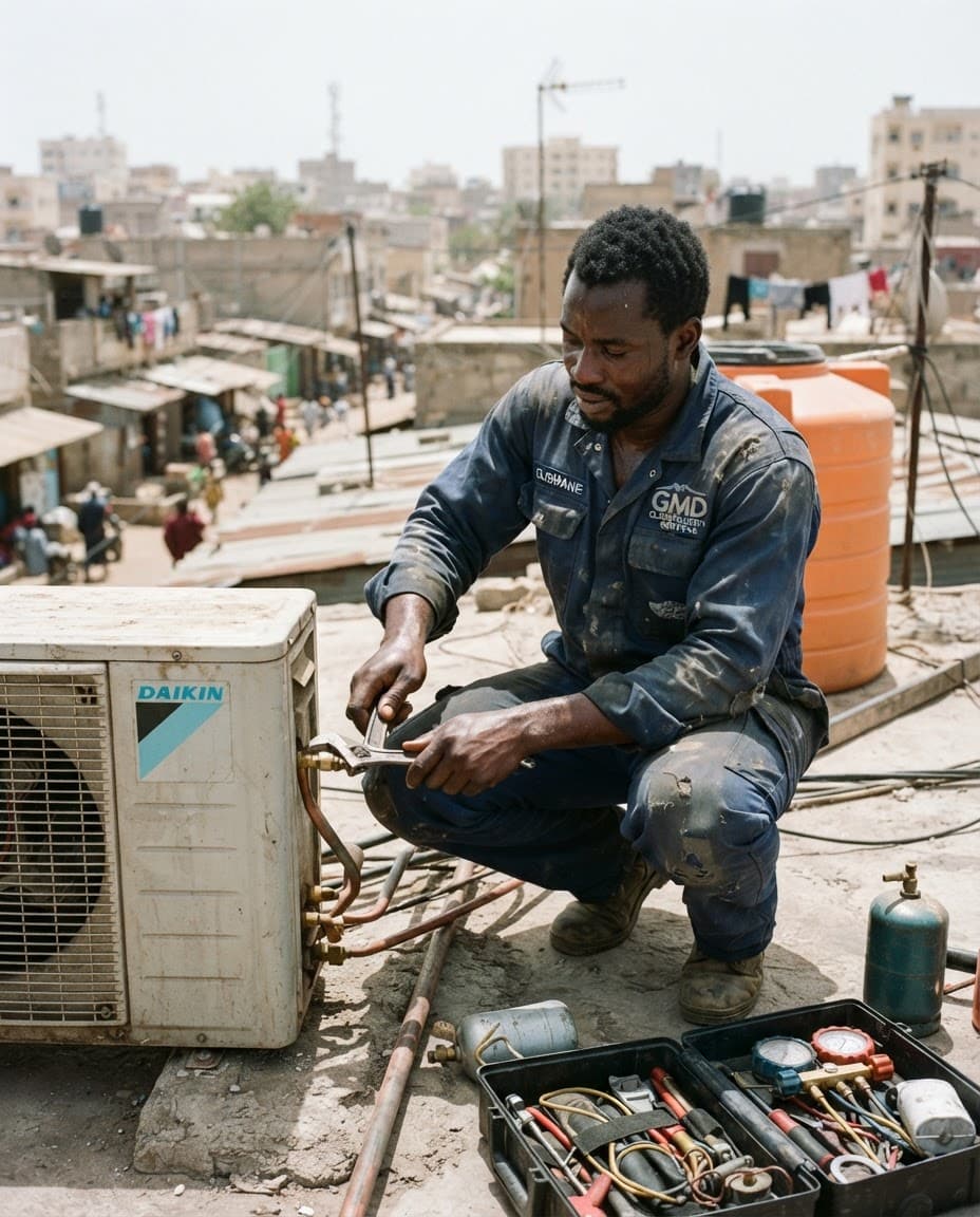 Intervention sur un condenseur en toiture à Dakar